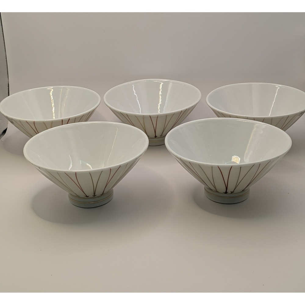 Japanese Porcelain‎ Rice Soup Footed Bowls Set Of 5 Red And Gold Stripe